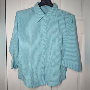 Sky Blue Teal Button Down Strip Shirt Rhinestone Playboy Bunny Oversize Women L